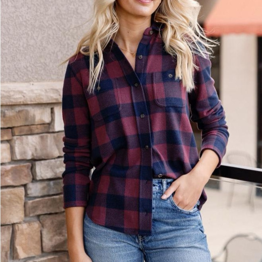 Plaid Button-Up Shirt - Navy and Burgundy